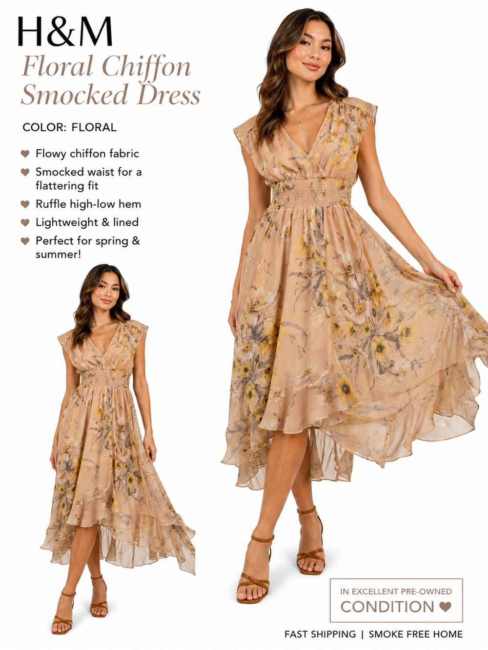 H&M Floral Chiffon High-Low Smocked Dress